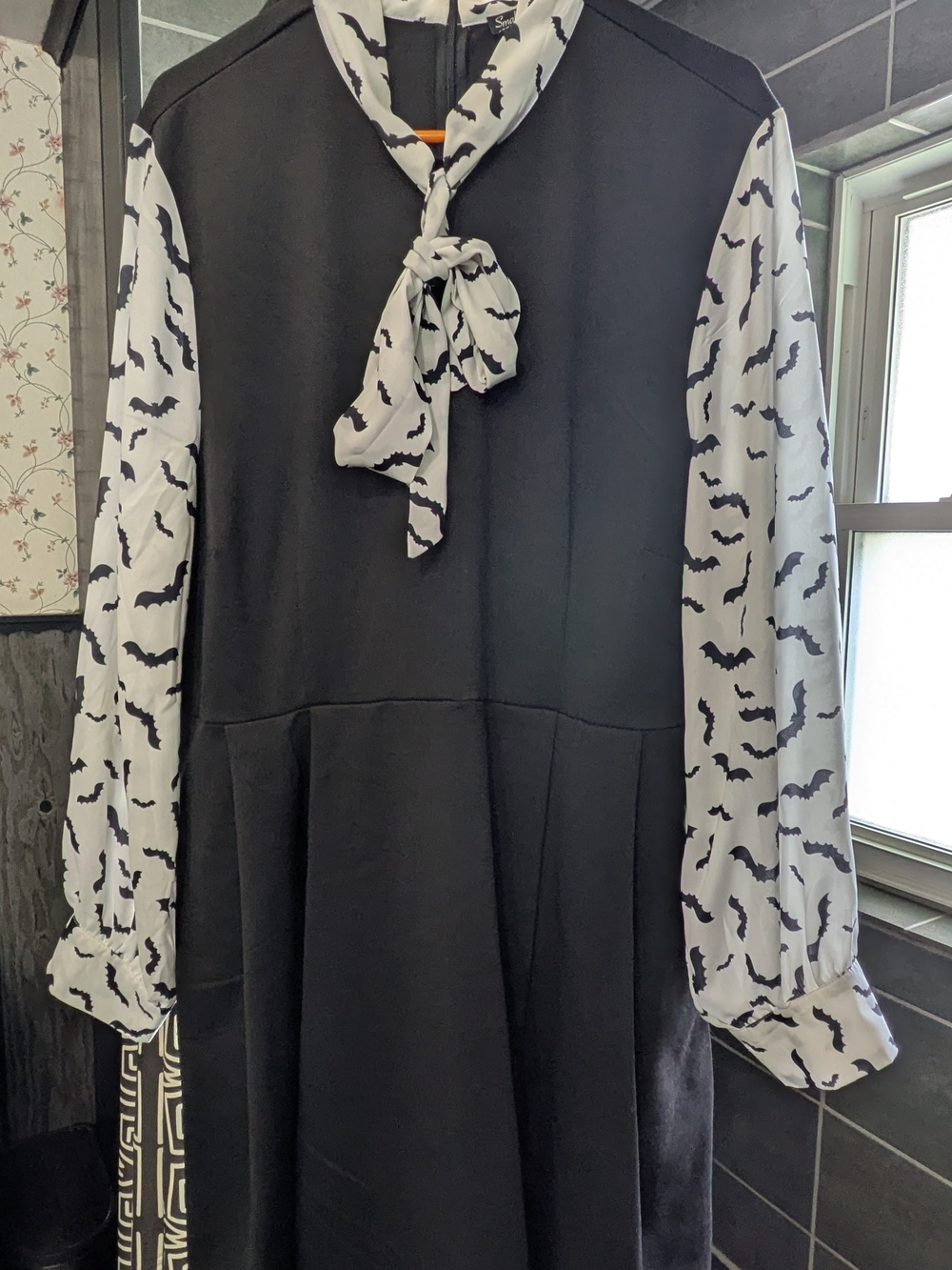 Smak Parlour Black Dress with Bat-Print White Bow Blouse